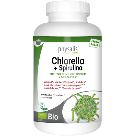 Physalis Chlorella + Spirulina Vitaliteit & Gewichtsbeheersing Bio & Vegan 500 Tabletten