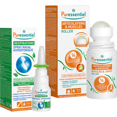 Puressentiel Geschenkset Ademhaling Hypertonische Neusspray Fles 15ml + Gewrichten & Spieren 75