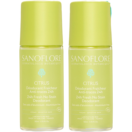Sanoflore 24h Citrus Deodorant Frisheid Anti-Vlekken Gevoelige Huid Bio Roll-On 2x50ml