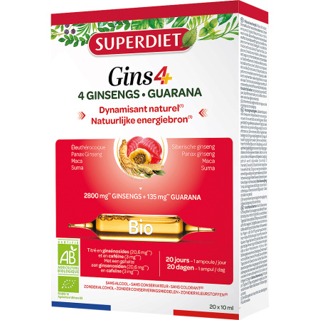 Super Diet Gins4+ Bio 4 Ginsengs + Guarana Natuurlijke Energie 20x10ml