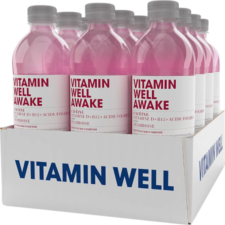 Vitamin Well Awake Cafëine Vitamine D+B12+Foliumzuur Verfrissende Drank Aardbei 12x500ml