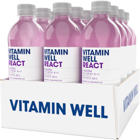 Vitamin Well React Cafëine Vitamin B6+B12+C Verfrissende Drank Zwarte Bes Fles 12x500ml