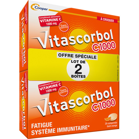 Vitascorbol C1000 Vitamine C Vermoeidheid En Immuunsysteem Sinaasappelsmaak 2x20 Kauwtabletten